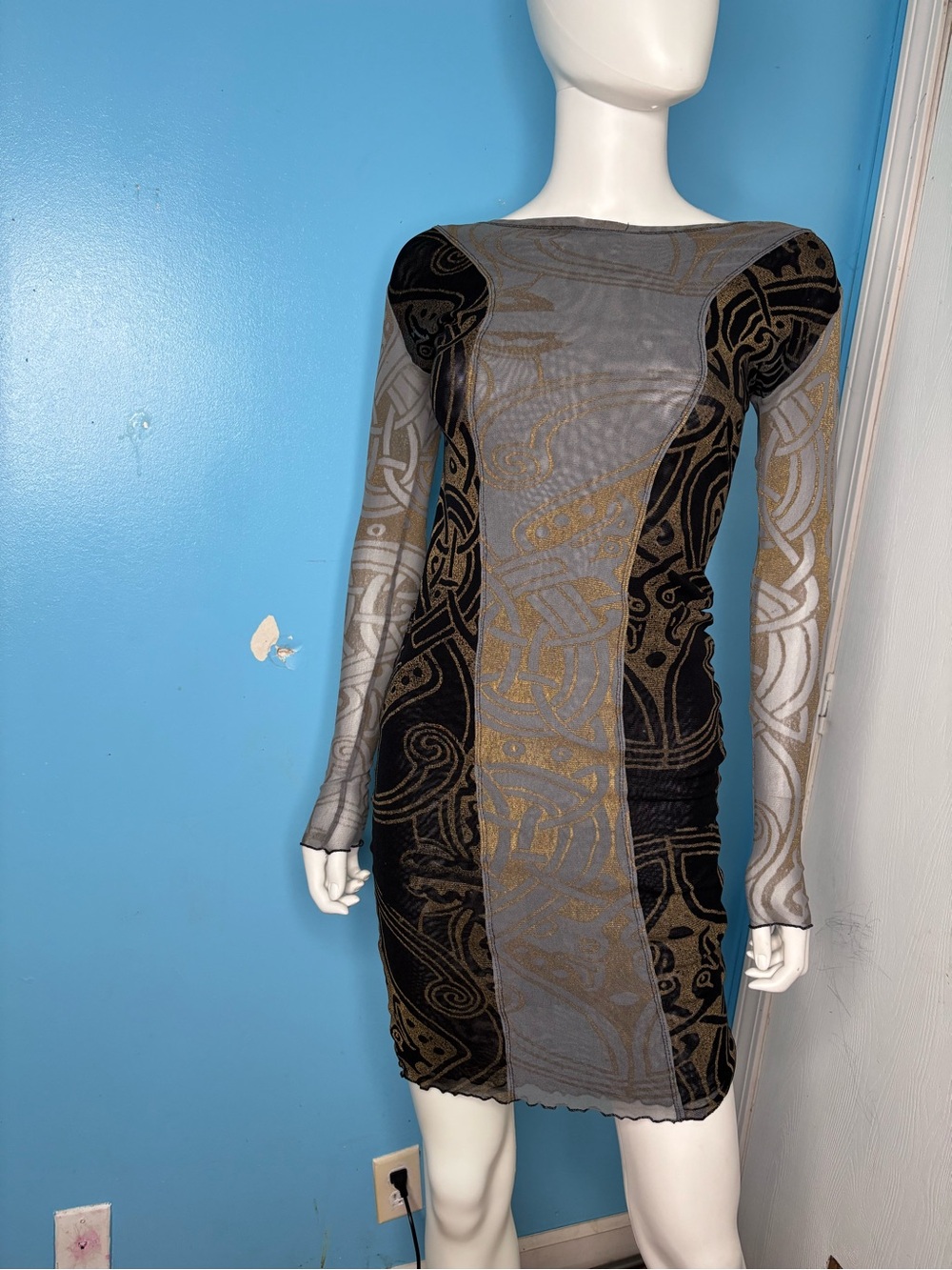 Long Sleeve Patterned Bodycon Dress in Gray, Black & Gold made in New Zeland